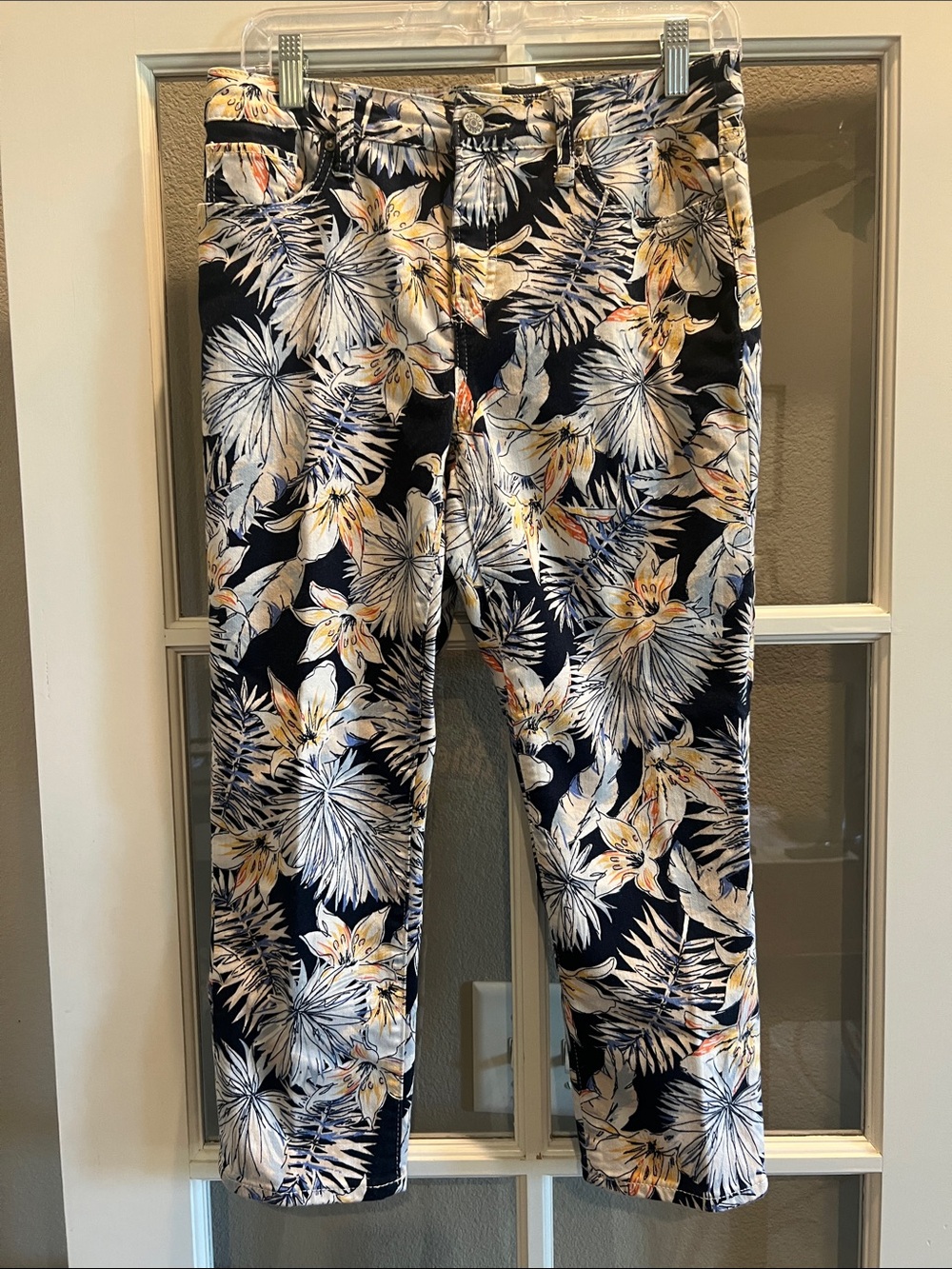 Chico's Navy Floral Boyfriend Jeans with Cream and Yellow Flowers
